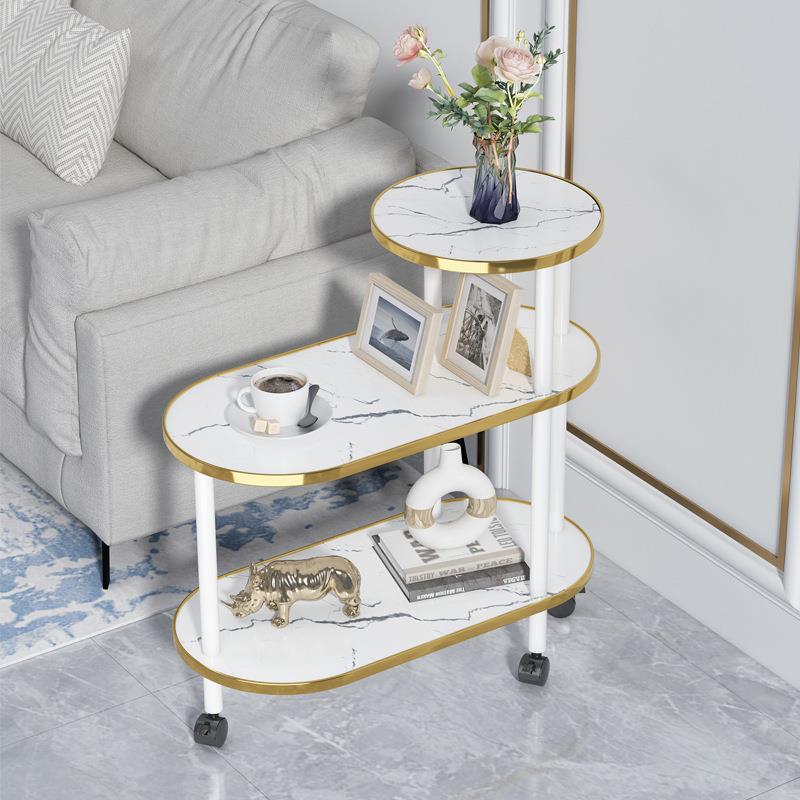 【折扣价】实木沙发边几带轮可移动小推车茶几客厅岩板大理石纹边