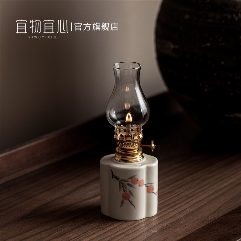 手绘柿柿如意复古煤油灯陶瓷酥油灯新中式书房卧室氛围灯具小灯盏