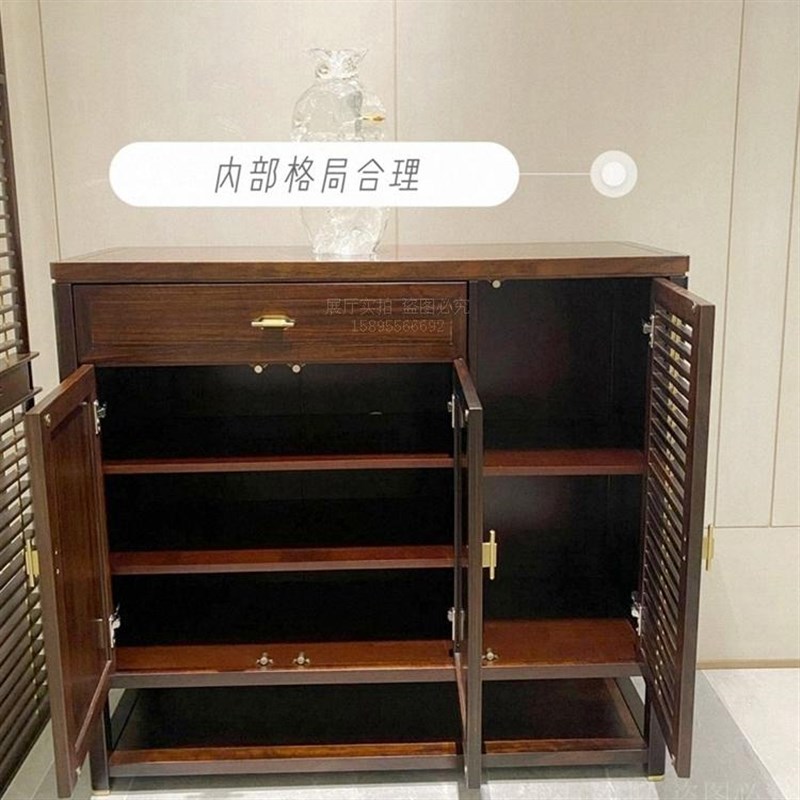 新中式鞋柜实木入户门厅柜现代禅意雕花别墅隔断玄关收纳鞋柜定制