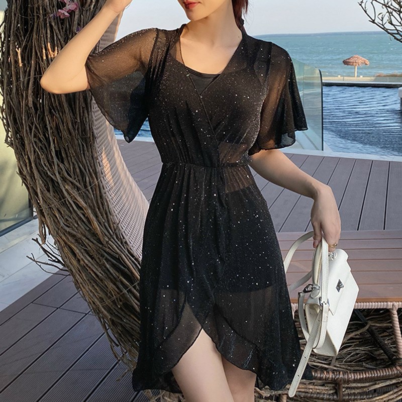 分体泳衣女大码平角三件套长款罩衫小胸钢托聚拢2023新款温泉泳装
