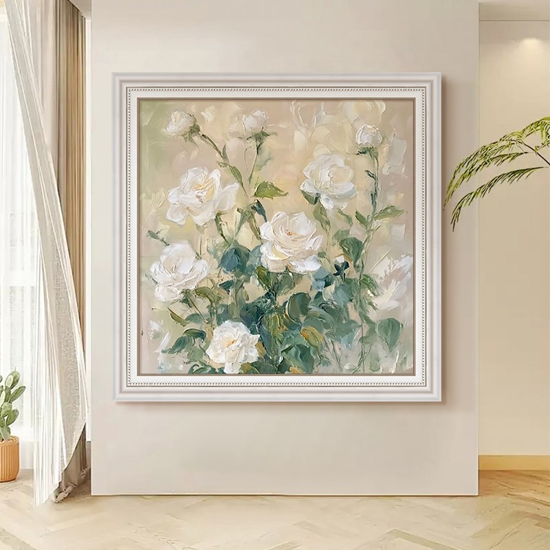 法式奶油风客厅装饰画玫瑰花卉肌理丙烯手绘油画大幅玄关餐厅挂画图片
