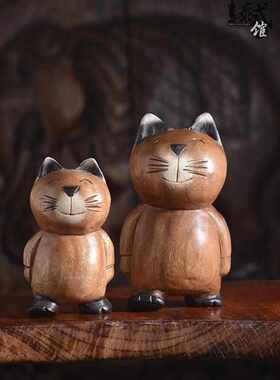 泰国实木雕刻小猫木雕摆件木制工艺品猫咪客厅书房工艺品儿童礼物