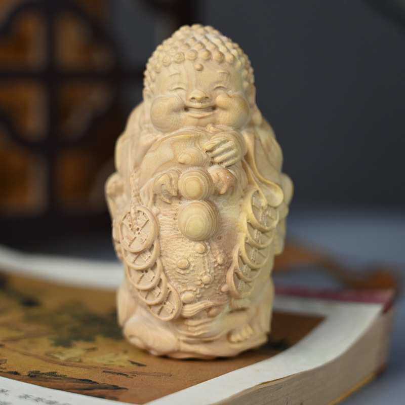 如来佛抱金蟾迷你版小叶黄杨木雕刻木质工艺车载汽车摆件品礼品