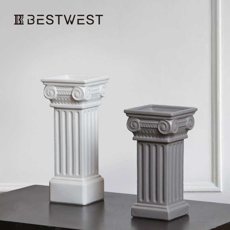 Best west 北欧ins风高档陶瓷罗马柱花瓶摆件 样板间软装家居饰品