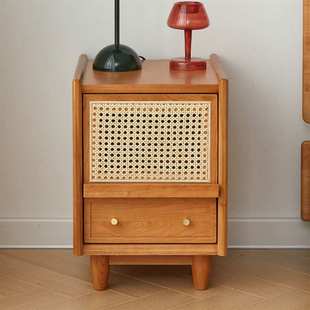 实木藤编床头柜抽屉式简约轻奢中式樱桃木白橡木超窄多功能床头柜