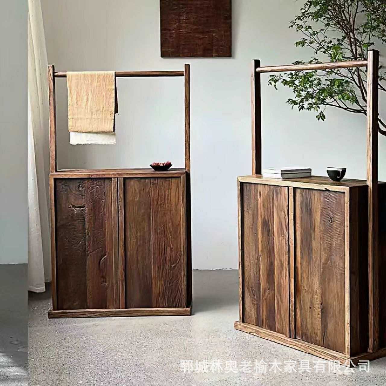 老榆木衣帽架实木玄关边柜侘寂风民宿酒店储物收纳柜原木餐边柜