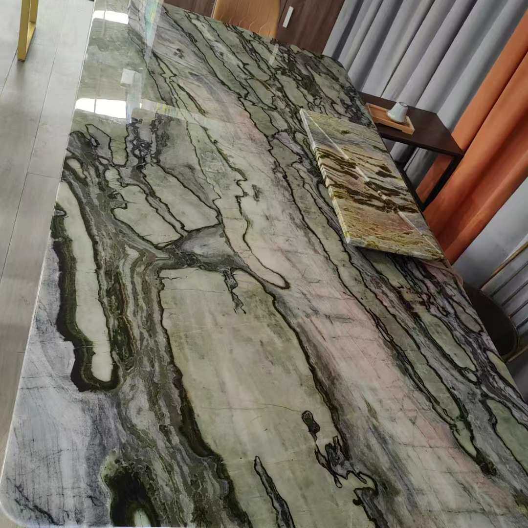 海岛绿天然奢石餐桌岛台石材茶几台面板大理石前台接待台