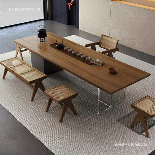 侘寂风实木办公茶桌 简约大板桌会客茶台 办公室禅意泡茶桌椅组合