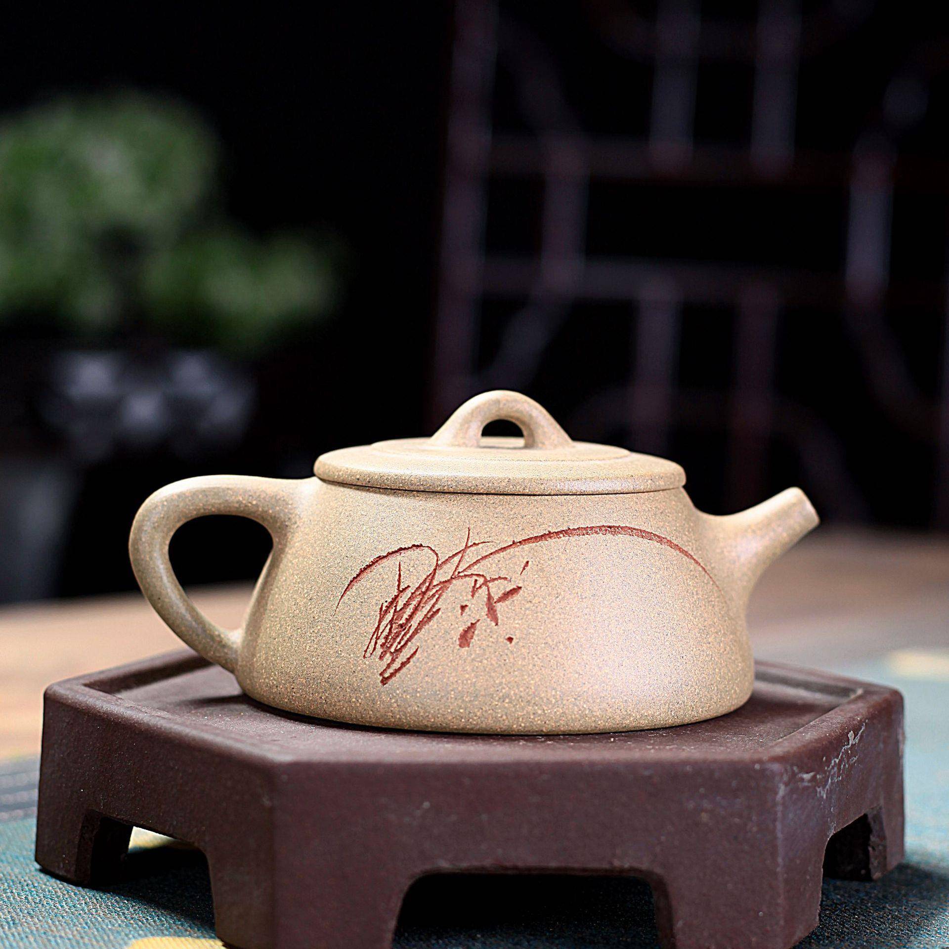 【折扣价】原矿青灰泥手工刻字茶缘大口石瓢壶新品功夫泡茶壶茶具