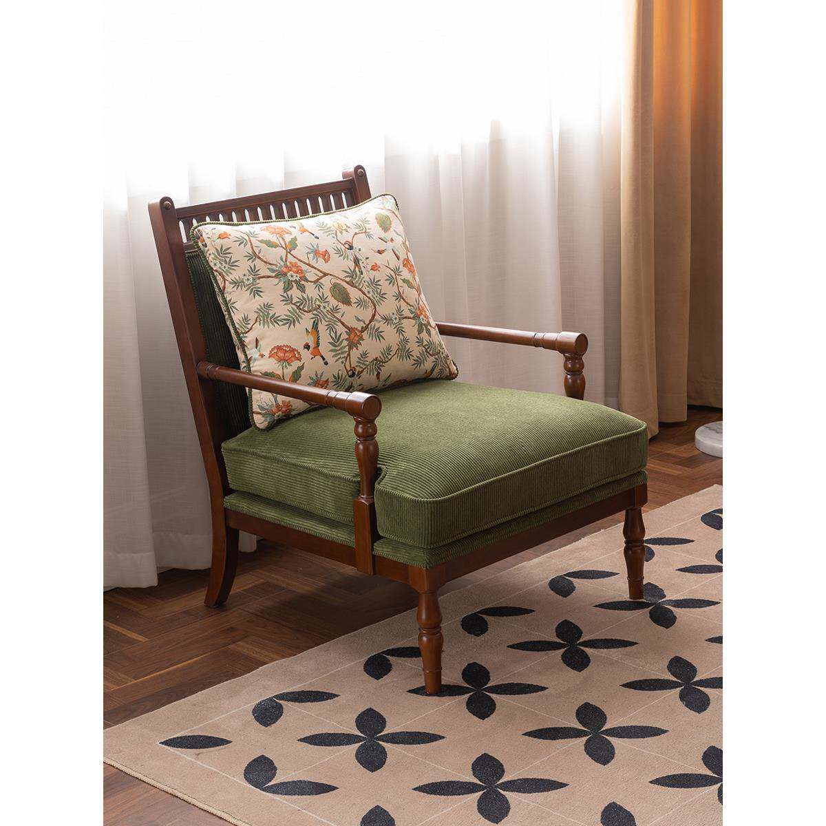 A9L法式复古实木单人沙发美式乡村布艺老虎椅休闲带扶手椅子