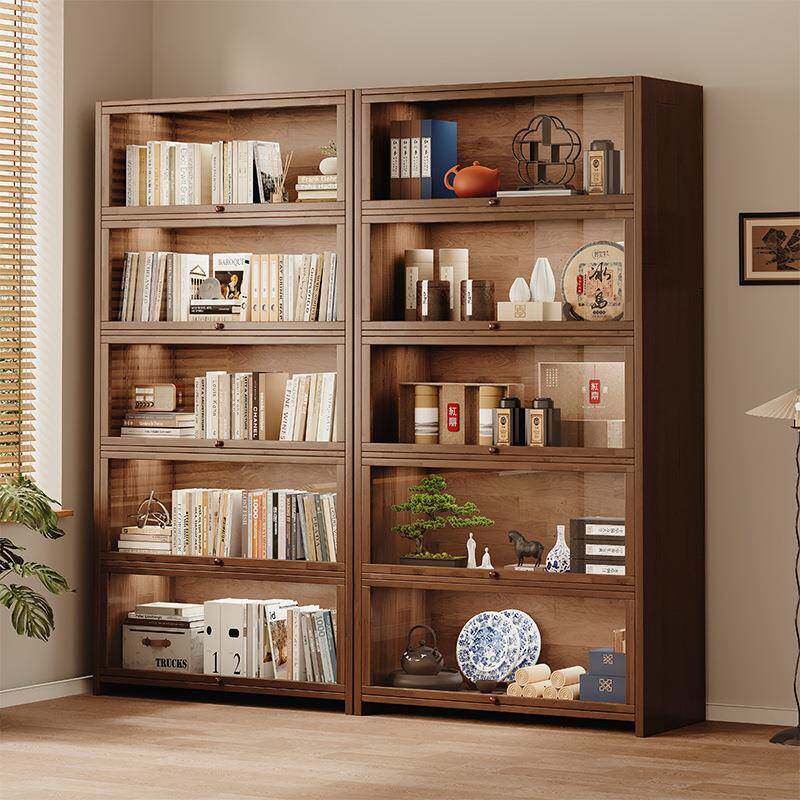 防尘书柜带门胡桃木色实木书架置物架落地家用柜子储物柜一体靠墙