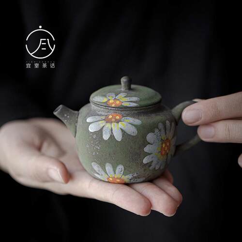 宜室茶话老岩泥纯手绘向日葵茶壶单个带过滤泡茶器复古陶瓷小品壶