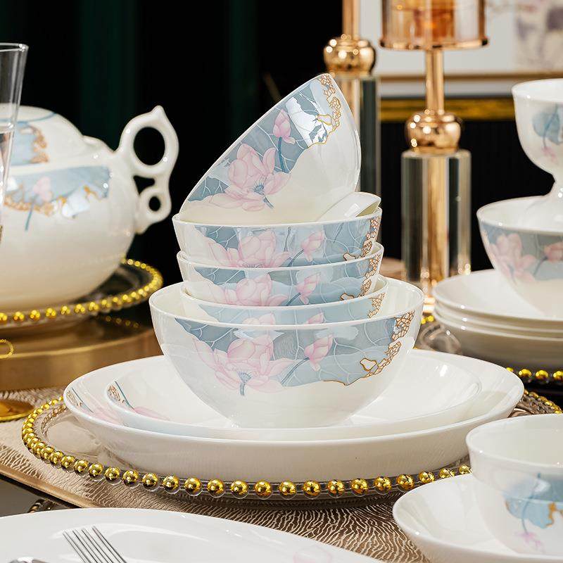 骨瓷餐具套装一曲荷风瓷器套装碗盘碟家用乔迁送礼新中式现代简约