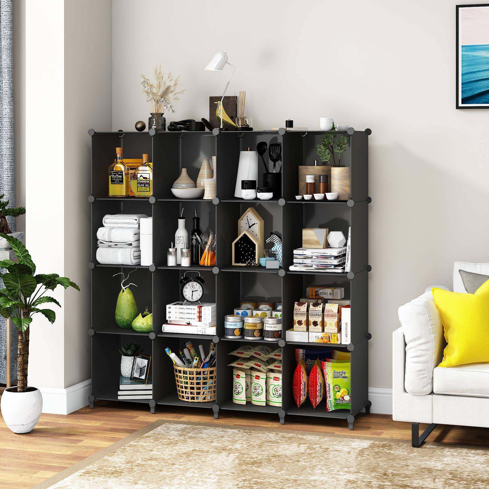 16格黑色书架杂物架塑料立方体存储管理器塑料置物架货架储物架