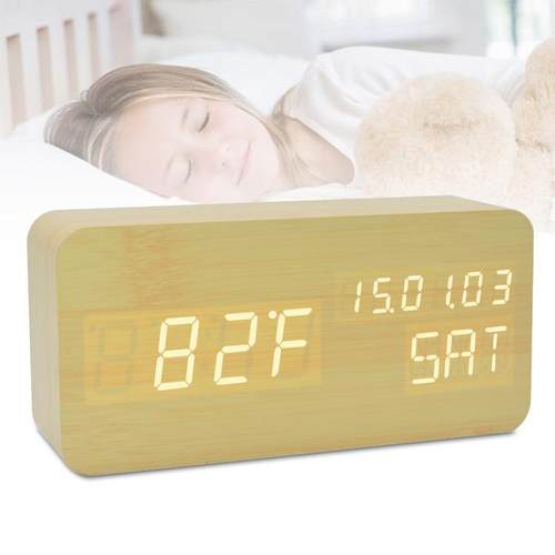 简约家居长方形桌面电子数字万年历室内温度声控LED木质闹钟