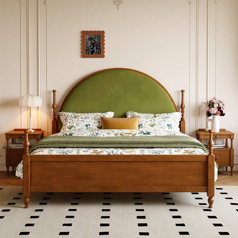 法式中古风1米8白蜡木小户型省空间全实木主卧双人床婚床2025新款