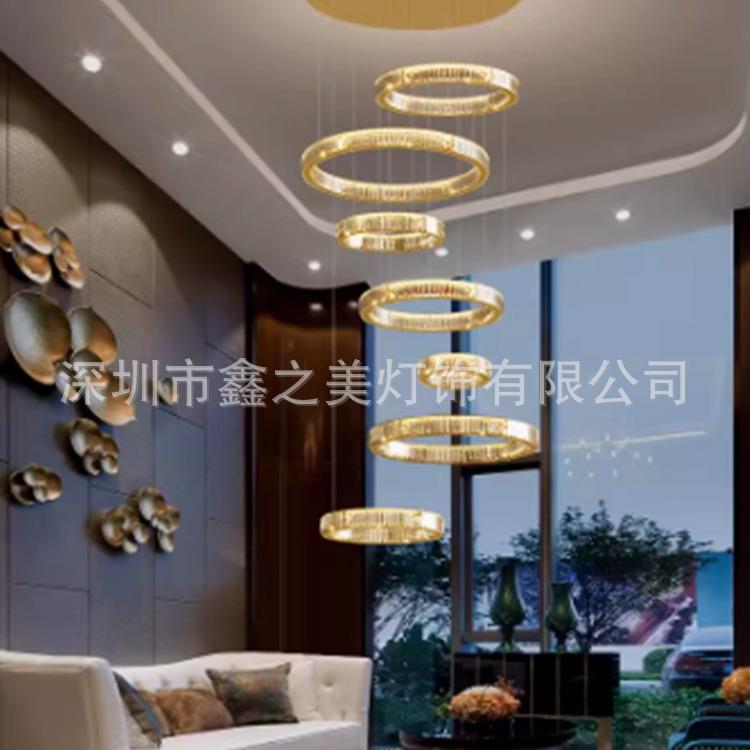 不锈钢复式楼大吊灯别墅客厅灯公寓loft挑空水晶灯楼梯灯长吊