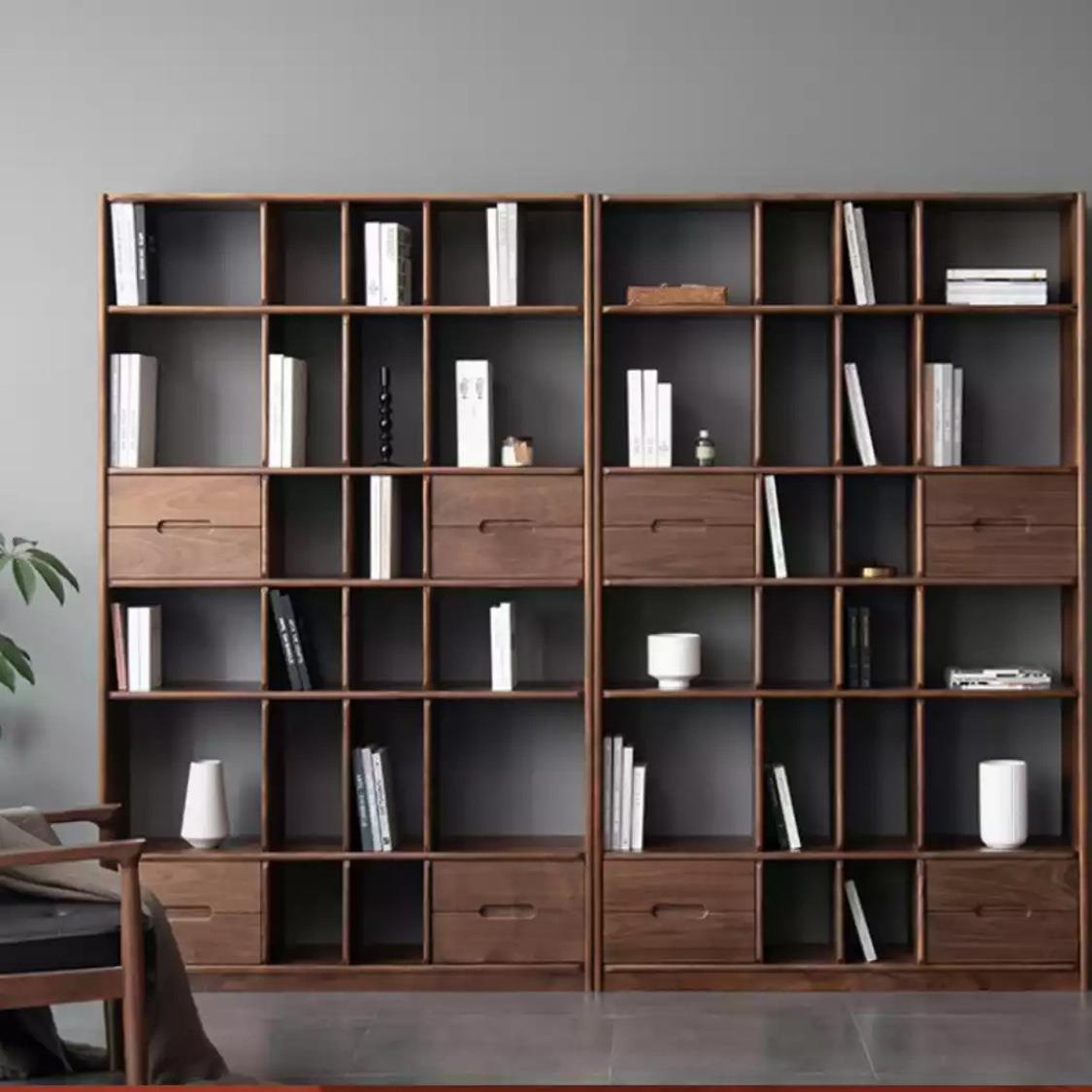 北美黑胡桃木原木落地书架现代简约实木日式置物架博古架满墙书柜