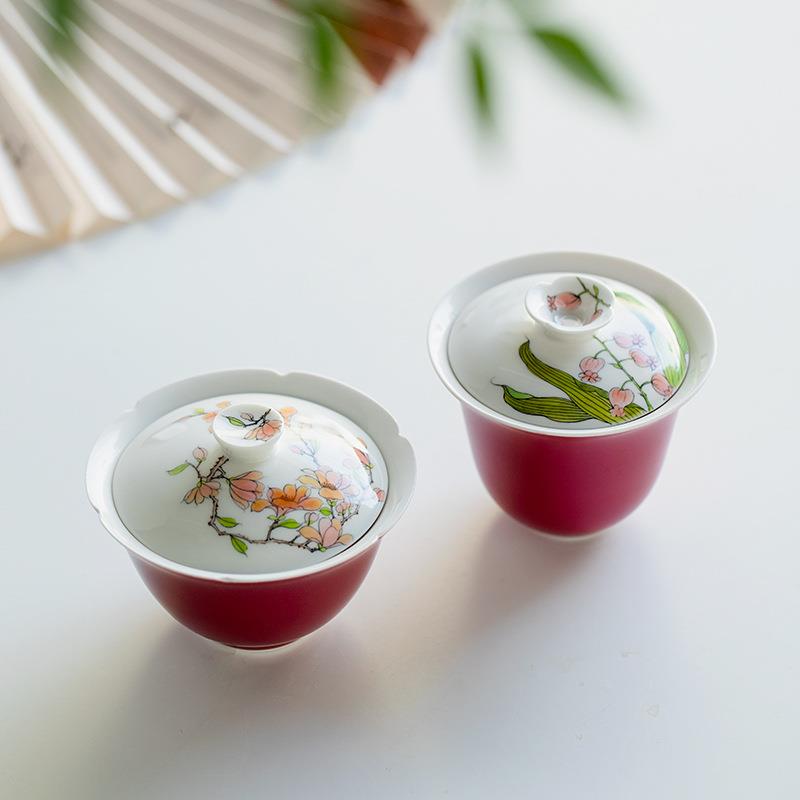 胭脂红纯手绘梧桐花葵口盖碗茶杯单个家用创意陶瓷茶碗带盖泡茶器