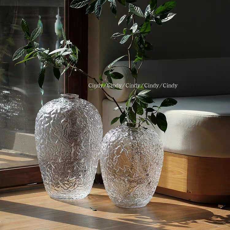 美学侘寂风裂纹大肚落地大号玻璃花 马醉木吊钟高品质摆件