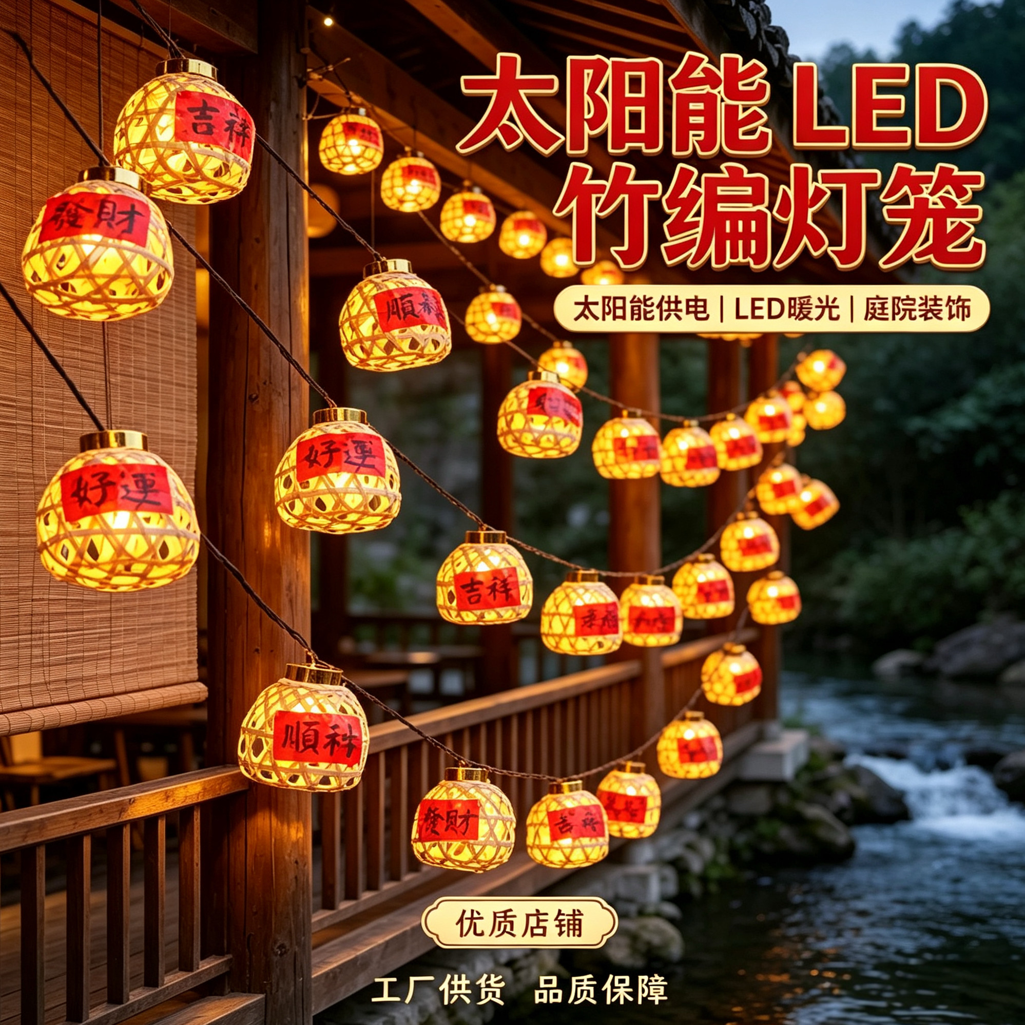 庭院古风LED竹编灯笼小院装饰彩灯悬挂防水户外景观凉亭灯笼彩灯图片