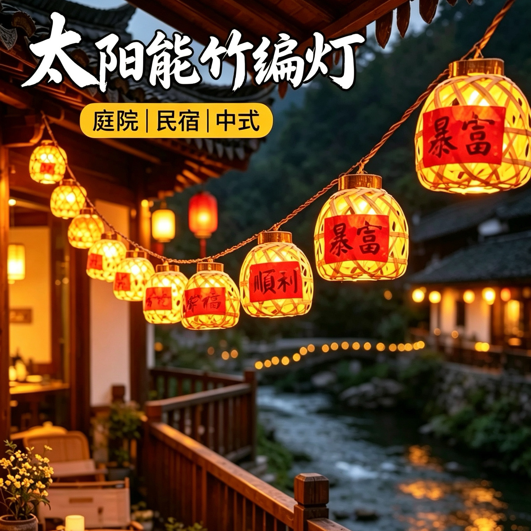太阳能竹编灯笼彩灯串新款春节装饰灯节庆灯笼户外中式庭院氛围灯图片