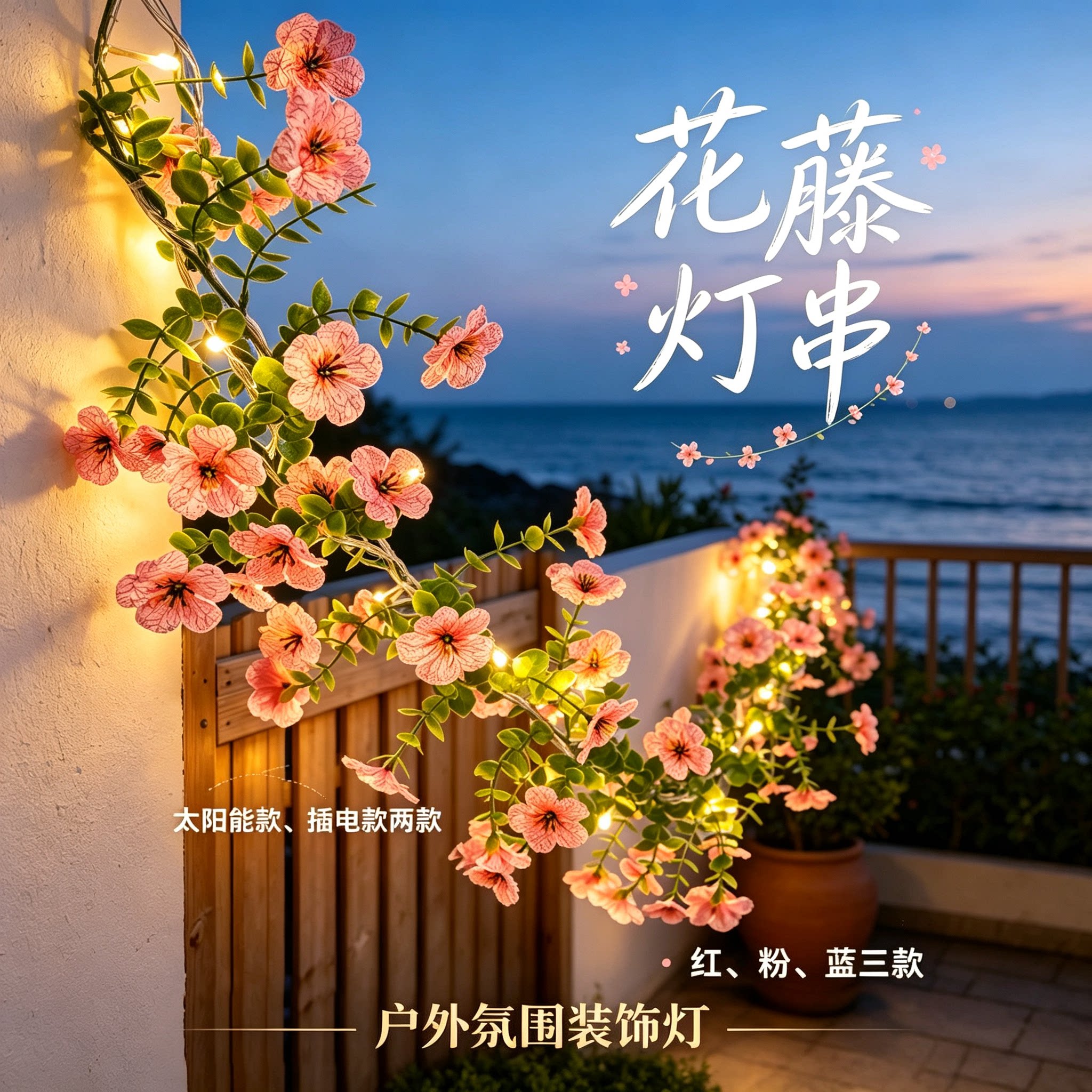 户外太阳能玫瑰花灯串花藤彩灯花园阳台庭院围栏杆装饰氛围灯布置