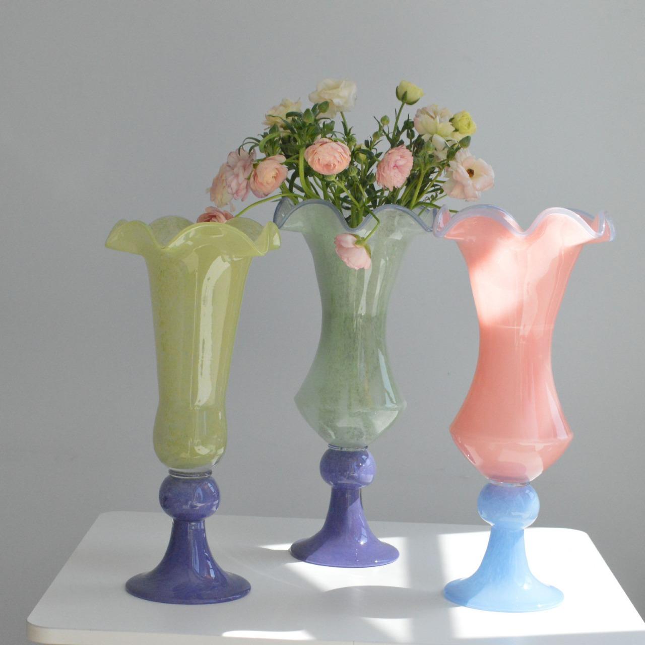 Vintage复古风中古法式餐桌花瓶手工琉璃高脚花器摆件插花装饰品