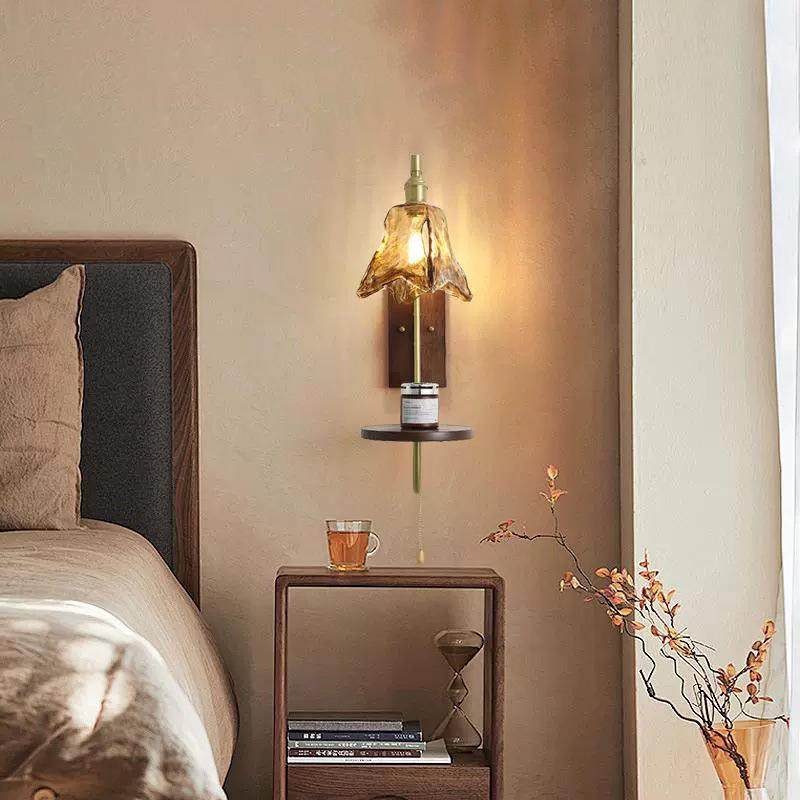 美式复古壁灯床头卧室客厅楼梯胡桃木琥珀色玻璃氛围感过道走廊灯