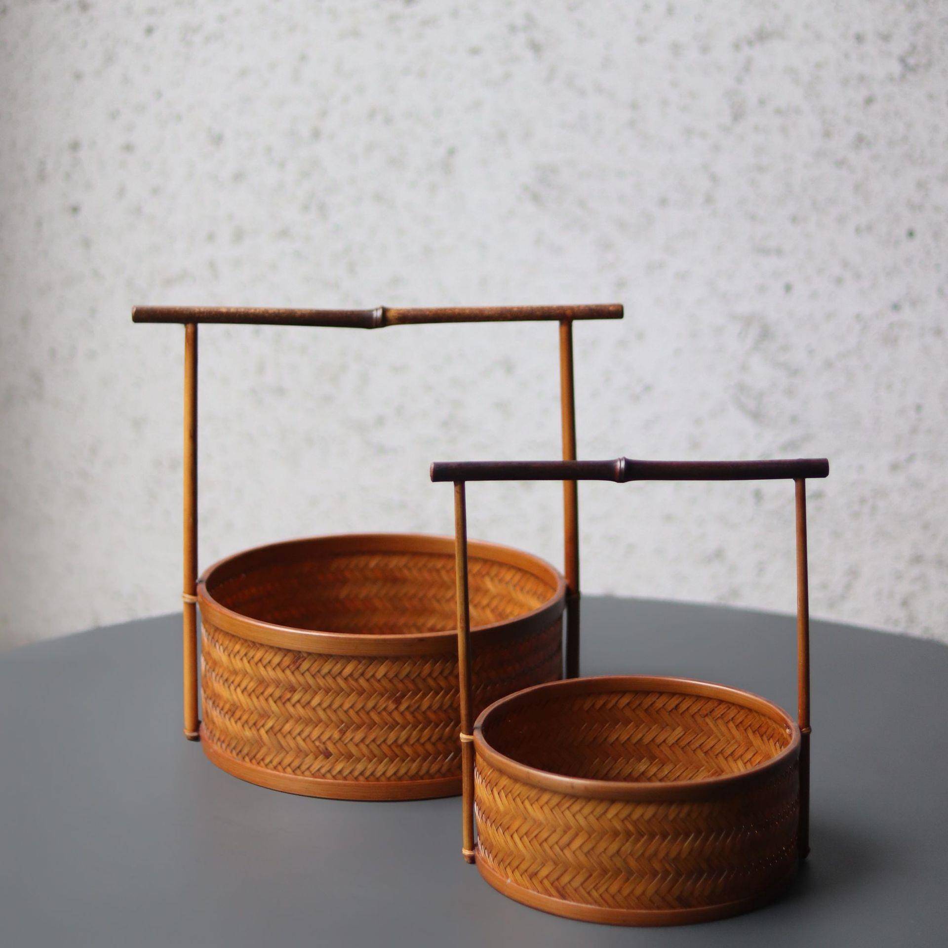 竹编篮紫竹直柄圆形筐大漆茶具收纳筐 零食茶点盘 果篮 水果篮子