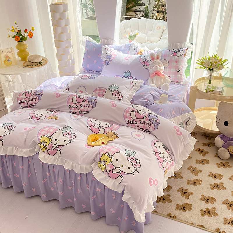 HelloKitty全棉四件套卡通花边纯棉床单床裙床笠款宿舍三件套