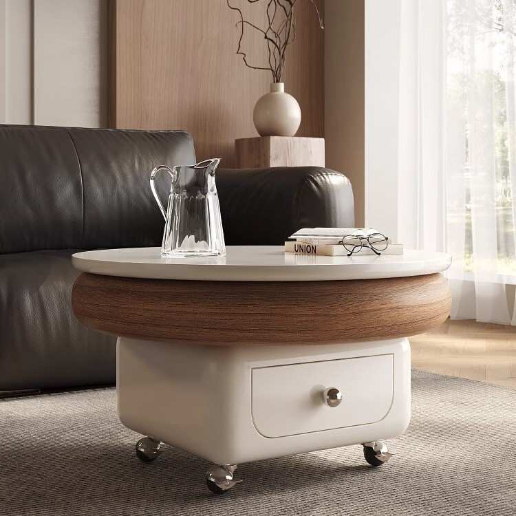 全慕圆雅茶几可移动带轮小户型奶油风边几可升降沙发客厅精致圆形