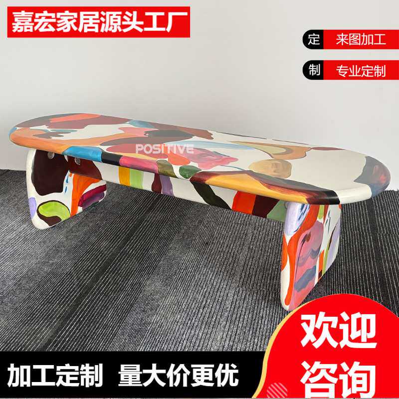 设计师艺术彩绘手绘油画长条凳餐厅创意个性抽象画网红ins风长凳