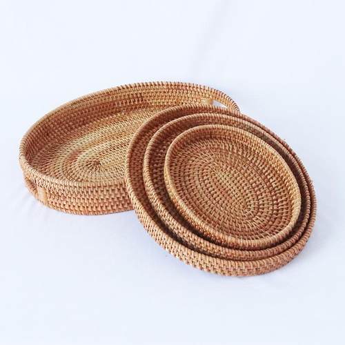 藤编果篮客厅家用现代茶几水果盘零食收纳藤编椭圆形果盘四件套