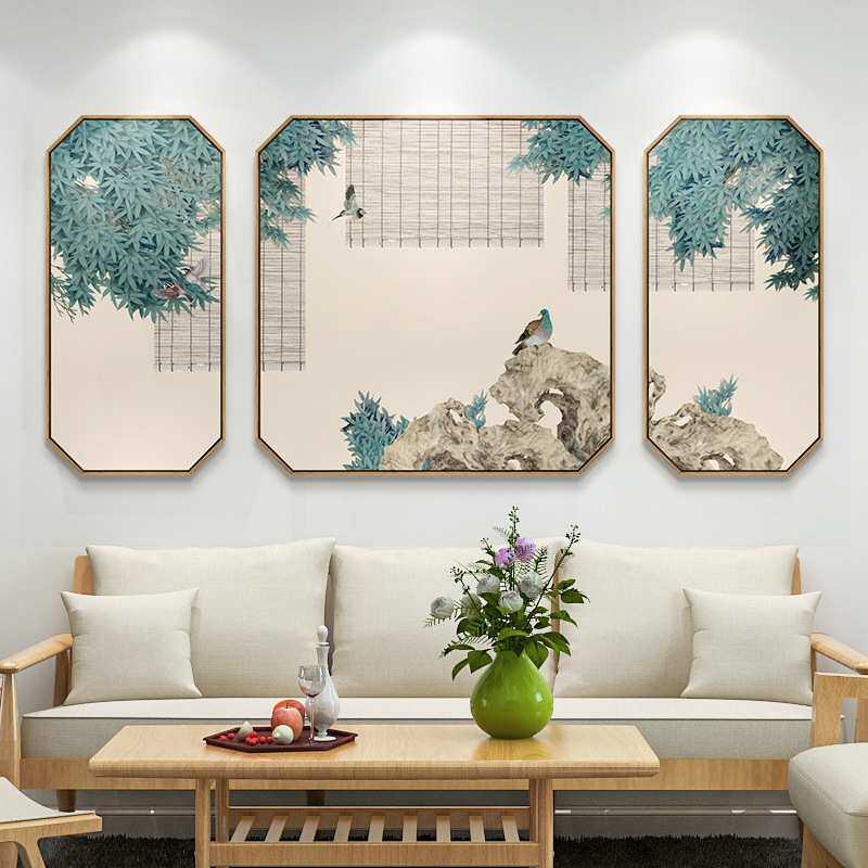 新中式沙发背景墙三联装饰画日式和风客厅鹤花鸟挂画禅意茶室壁画