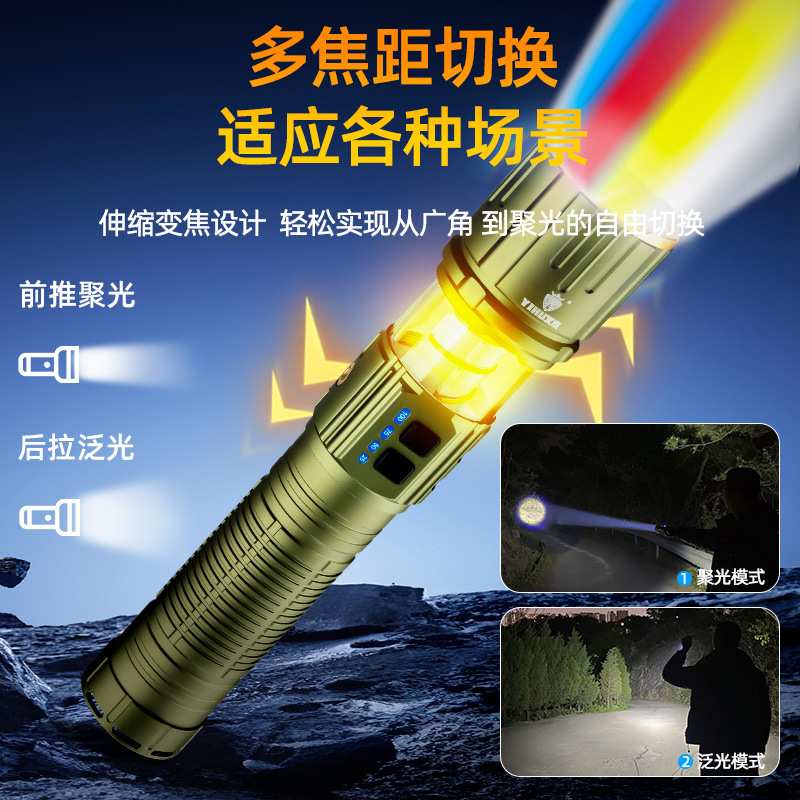 义虎抖音跨境露营灯四光源交替闪远射变焦探照灯背带usb