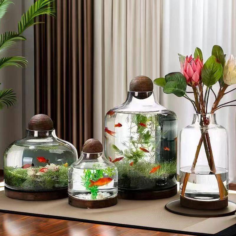 微景观生态瓶玻璃鱼缸造景摆件鱼虾水泥缸日式木托桌面办公室