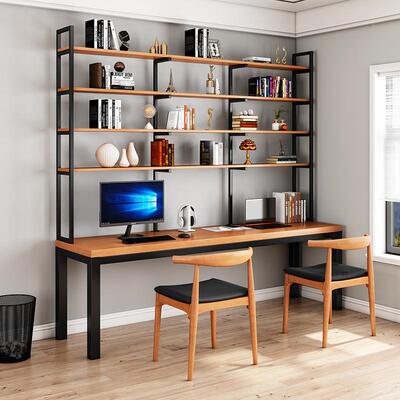 美式实木学生写字书桌书架组合一体家用铁艺长条双人电脑台式桌柜