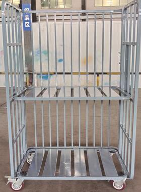 折叠式物流台车双层车板三面围栏PP滚针脚轮可折叠物料周转车