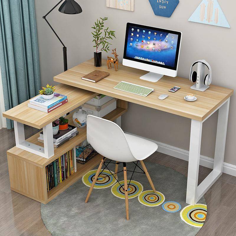 台式电脑桌书桌带书柜一体桌简约家用转角l型卧室学生拐角写字桌