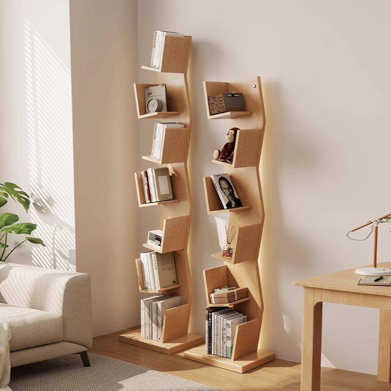 轻奢实木书架落地靠墙角树形创意书柜家用多层led灯展示置物架子