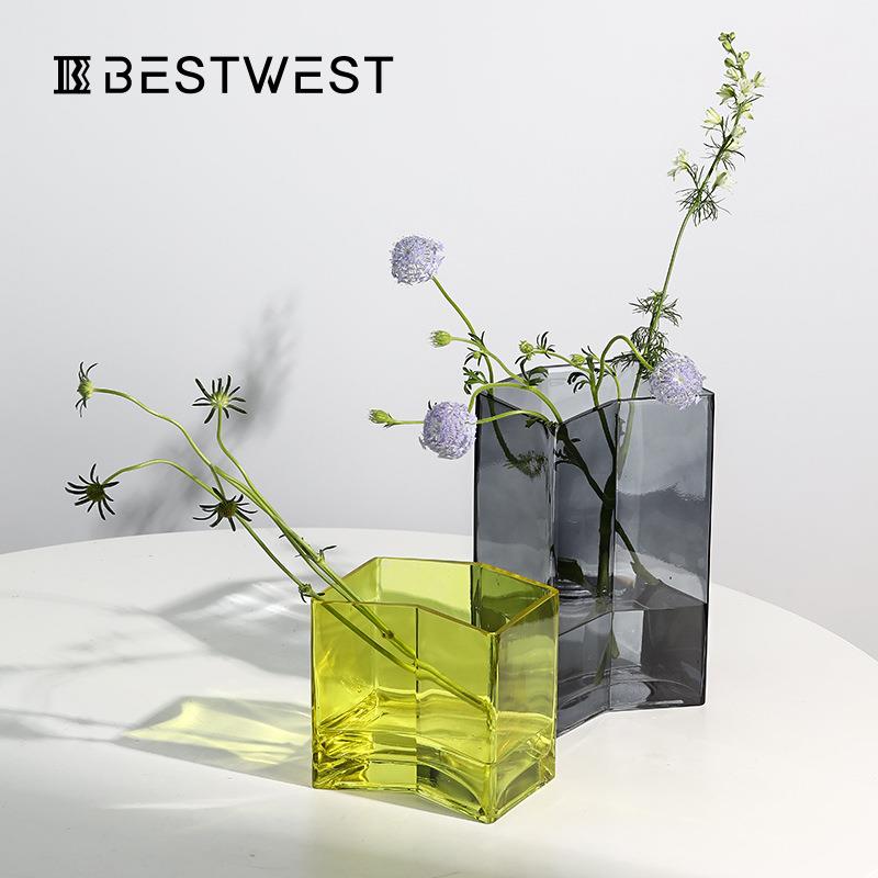 Bestwest简约直筒几何透明玻璃花瓶摆件家居软装客厅桌面装饰品