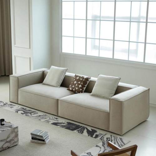 极简豆腐块布艺沙发客厅直排北欧米白色灯芯绒三人位大沙发奶油风