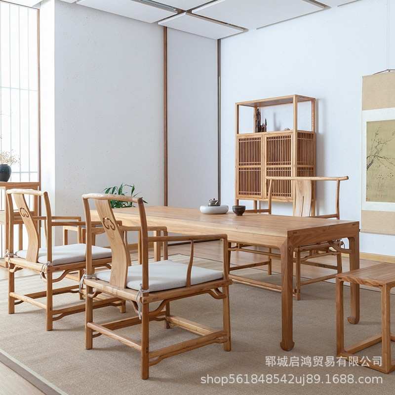新中式老榆木茶桌免漆 现代中式茶桌禅意家用茶桌凳子靠背