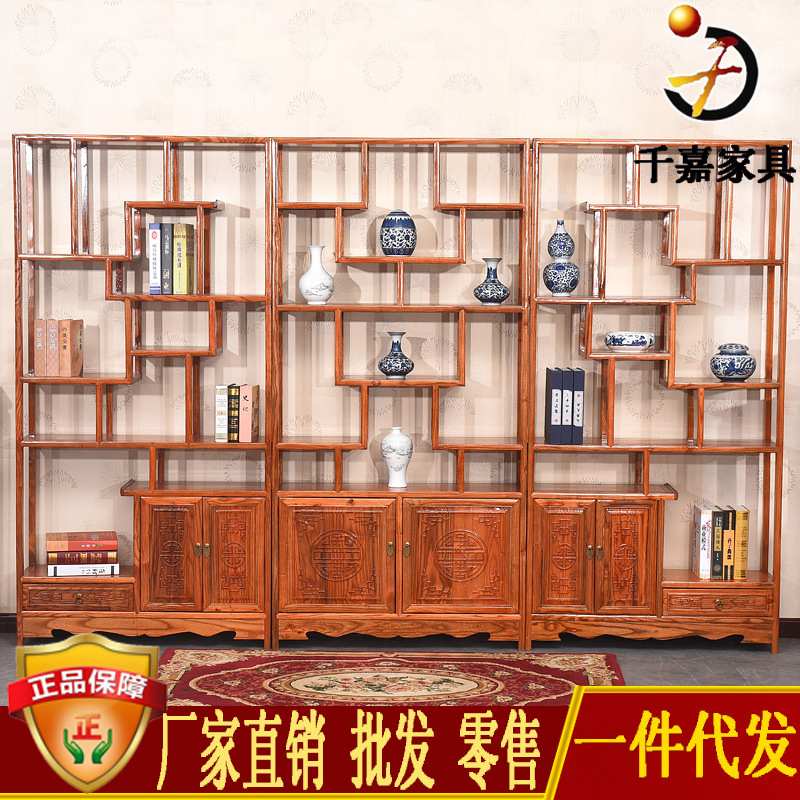 实木博古架三组合 中式仿古茶叶架 南榆木展示架 古典置物架货架