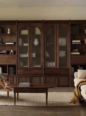 北美黑胡桃木组合书柜满墙客厅展示柜北欧实木樱桃木卡座落地书架