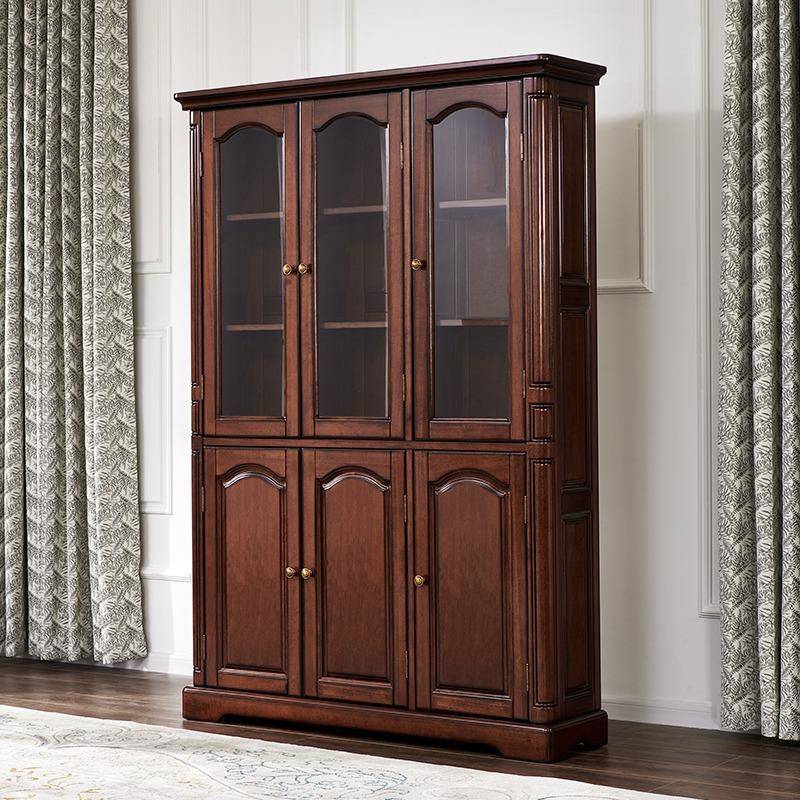 美式全实木组合书柜复古桃花心木对开门四门书架储物柜书房家具