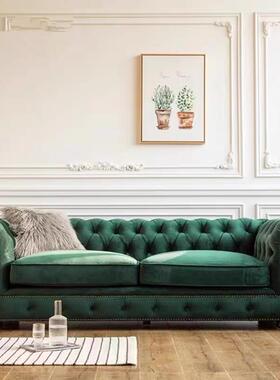 美式复古双人精致拉扣墨绿色沙发手工丝绒沙发民宿简欧田园小户型