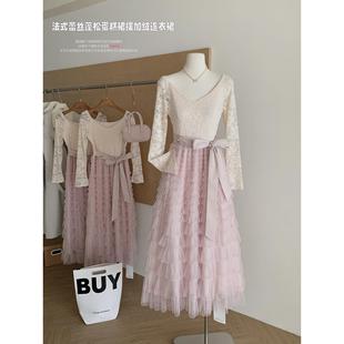 蕾丝蓬松蛋糕裙摆连衣裙加绒 复古法式 Catyears猫年 粉荔漫舞