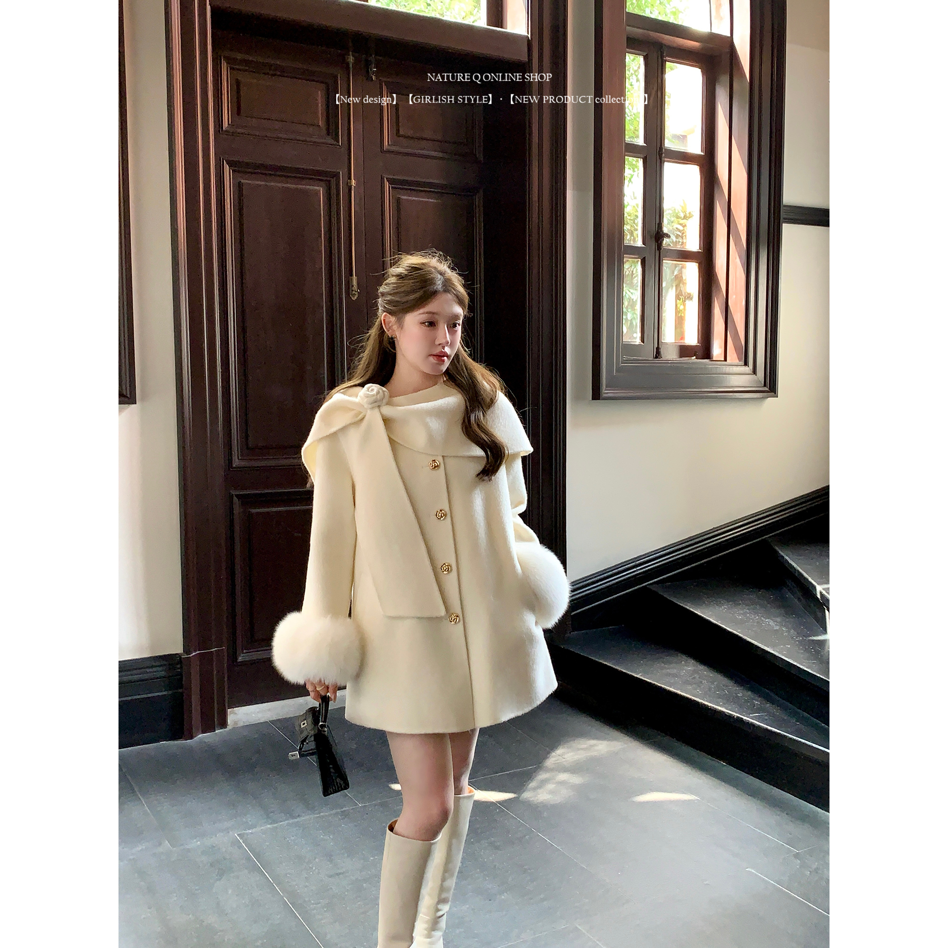 新款一整套深冬穿搭高级感小香风羊毛白色双面呢斗篷大衣毛呢外套